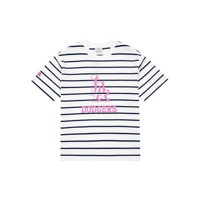 T-shirt décontracté à manches courtes et col rond rayé MLB Unisexe Blanc 3ATSB3033-07IVS L gray
