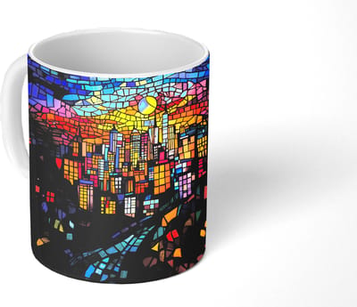 Mok - Koffiemok - Stad - Maan - Mozaïek - Kleurrijk - Mokken - 350 ML - Beker - Koffiemokken - Theemok
