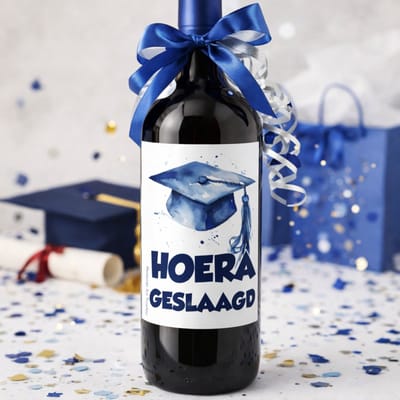Wijnetiket Hoera Geslaagd | Blauwe Afstudeerhoed – Diploma Cadeau (10,5 x 14,8 cm)