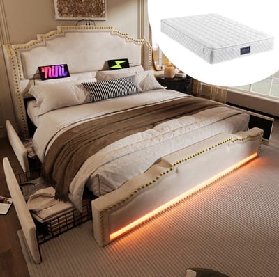 COVREO Bedframe 140x200 cm beige, stof en metaal, met LED, met matras