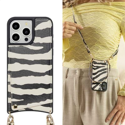 Selencia Hoesje - Geschikt voor Apple iPhone 15 Pro Max - Backcover met koord en pashouder - Zazzy Zebra