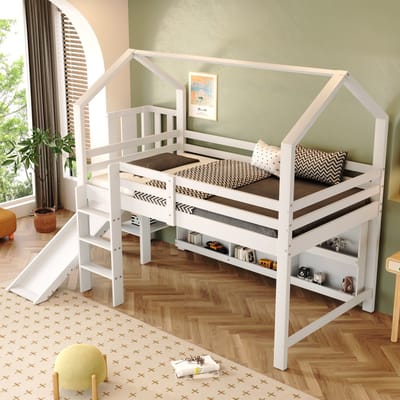 KOMHTOM - Kinderbed - eenpersoonsbed - 90×200 cm - multifunctioneel kinderbed - met glijbaan - trap - opbergkastje en plank - zonder matras - massief hout + MDF - wit
