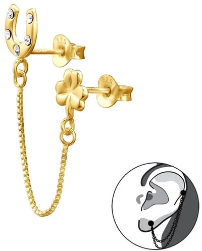 Joy|S - Zilveren hoefijzer klavertje vier oorbel - ear jacket met kettinkje - kristal - gold plated