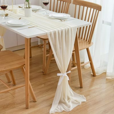 Tafelloper 70 x 420 cm - Crème Beige Chiffon - Delicaat ontwerp - Geschikt voor tafeldecoratie - ShopVlot