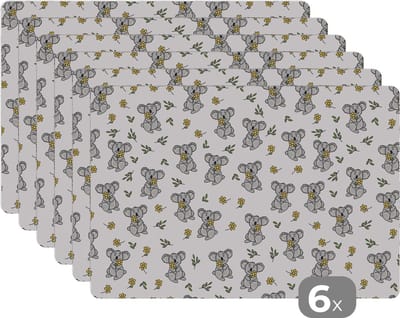 Placemat - Placemats kunststof - Koala - Bloemen - Patronen - Kind - 45x30 cm - 6 stuks - Hittebestendig - Anti-Slip - Onderlegger - Afneembaar