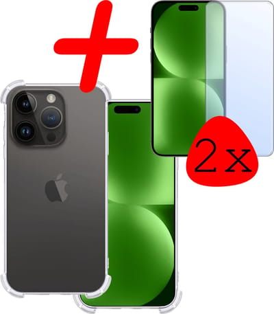 Hoesje Met Screenprotector - 2 Stuks - Geschikt voor Apple iPhone 15 Pro - Sterk & Shockproof - Siliconen Case - Back Cover - Telefoon Hoes - Shock Proof - Transparant