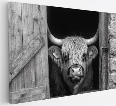 Saammp - Canvas Schilderij - Schotse Hooglander Koe Vanuit een schuur - Landschap - Dieren - Natuur - 30x20 - Foto op canvas - Wanddecoratie - muurdecoratie Woonkamer - Slaapkamer decoratie - Canvas Print