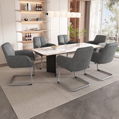 MODFU Eetkamerstoelenset - Ergonomisch Met Armleuningen - Modern - Voor Eetkamer - Leer - Grijs