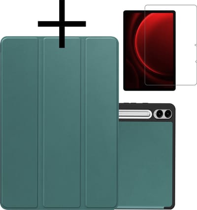 Hoes - Geschikt voor Samsung Galaxy Tab S9 FE Plus - Met Screenprotector - Trifold Bookcase - Hard Cover Case - Met Uitsparing Geschikt voor S Pen - Hardcover Book - Tablet Hoesje - Donkergroen
