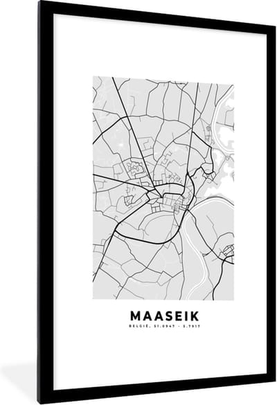Fotolijst incl. Poster Zwart Wit- België – Maaseik – Stadskaart – Kaart – Zwart Wit – Plattegrond - 60x90 cm - Posterlijst