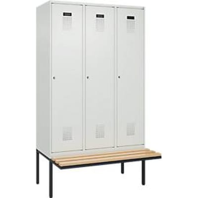 C+P Evolo Plus garderobekast, 3 vakken van elk 400 mm breed, zwevende bank, B 1200 x D 815 x H 2120 mm, cilinder, lichtgrijs/lichtgrijs