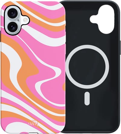 xoxo Wildhearts Chasing Sunsets - Double Layer - Hoesje geschikt voor iPhone 16 MagSafe case - Siliconen hoesje met golvenprint - Golven - Magnetisch telefoonhoesje - Magneet case - Optimale bescherming - Dubbele beschermlaag - Roze - Oranje