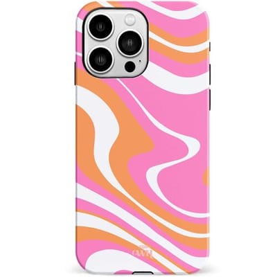xoxo Wildhearts Chasing Sunsets - Double Layer - Hoesje geschikt voor iPhone 13 Pro Max case - Siliconen hoesje met golvenprint - Golven - Hardcover - Beschermhoes - Optimale bescherming - Beige - Oranje - Roze