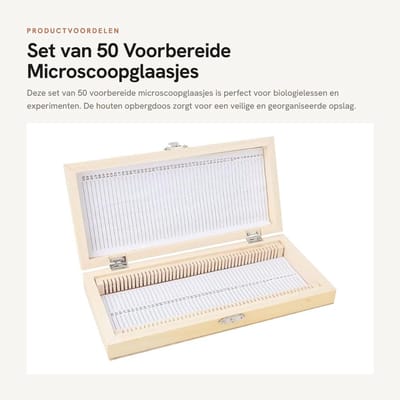 Dailygoods- Microscoopglaasjes 50 stuks - Laboratoriummonsterset - Houten Opbergdoos - Biologieglaasjes - Metalen Gesp - Afmetingen 23 x 10,6 x 3,5 cm - Objectglaasjes