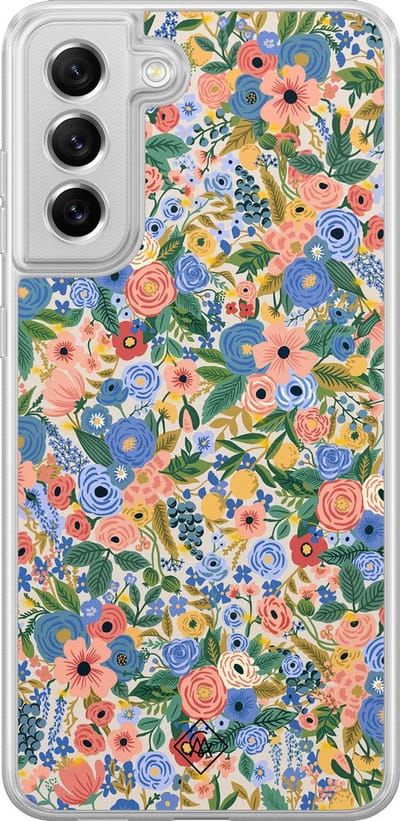 Casimoda® hoesje - Geschikt voor Samsung Galaxy S21 FE - Blue Gardens - 2-in-1 case - Schokbestendig - Bloemen - Verhoogde randen - Blauw, Transparant