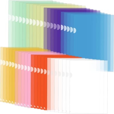 42 stuks transparante hoezen A4 aan de zijkant open – kleurrijke documententas in 8 kleuren, glashelder, documentenmap A4 voor het veilig en netjes opbergen van documenten en papieren.