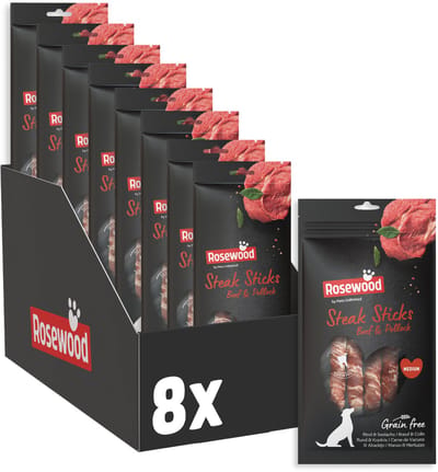 Rosewood Steak Sticks Medium Hondensnack Rund en Koolvis - Kauwstaven Runderhuid - 8 x 90 g