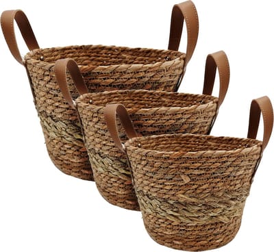 Set van 3 zeegras opbergmanden - 25 / 21 / 17 cm - multifunctionele mandenset met kunstleren handvatten - decoratieve mand