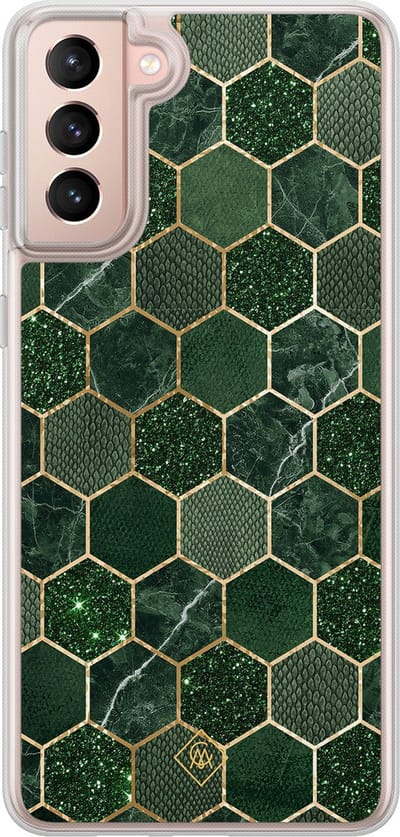 Casimoda® hoesje - Geschikt voor Samsung Galaxy S21 Plus - Kubus Groen - 2-in-1 case - Schokbestendig - Geometrisch patroon - Verhoogde randen - Groen, Transparant