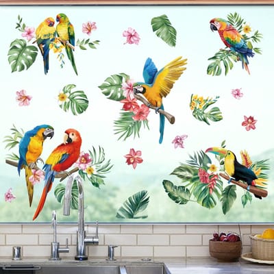 NTHProducts - Tropical Parrots On Branch - Vensterstickers - Dubbelzijdig - Multicolour - Anti-Collision - Decoratie voor Ramen - Voor Glazen Ramen