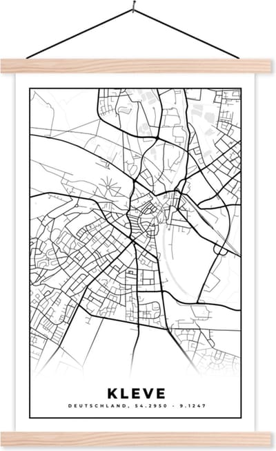 Posterhanger incl. Poster 40x60 cm - Schoolplaat - Plattegrond - Kaart - Kleve - Stadskaart - Textielposter - Blanke latten - Stadskaart