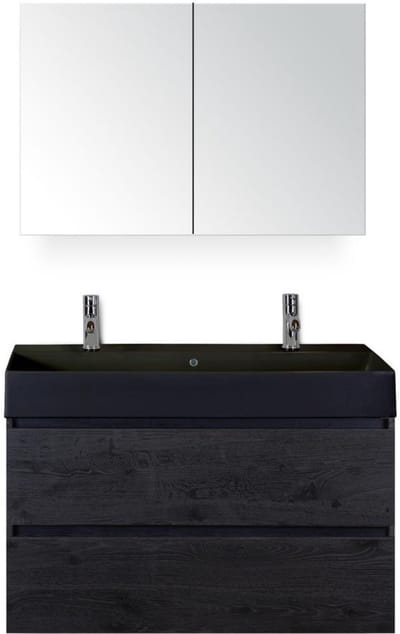 Maxx XL Badmeubelset 100 cm - Black Oak - Wastafel Kube Zwart 2 Kraangaten met Spiegelkast