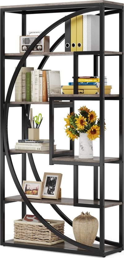 TRIBESIGNS - Boekenkast - Boekenrek met 5 Planken - Industrieel Vintage - Geometrisch Ontwerp - Grijs/Zwart - 80 x 30 x 180 cm