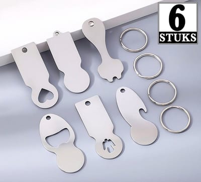 6 Stuks - 3-in-1 Flesopener, Winkelwagen muntjes Sleutelhangers Set - Bieropeners met Sleutelringen - RVS Bier, Fles Opener - Munt voor Boodschappen - Zilver