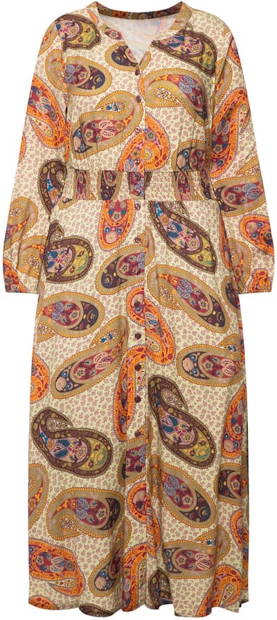 Ulla Popken - Dames - Maxi-jurk paisley A-lijn V-hals lange mouwen - Mat goud - Maat 42+
