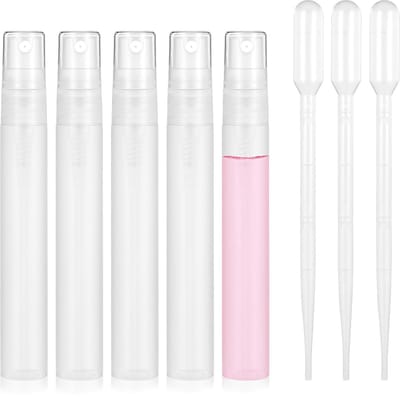 5 stuks mini-spuitfles, 10 ml mini plastic spuitfles leeg met 3 stuks transferpipetten, fijne nevel navulbare mini-parfumfles, parfumverstuiver doorzichtige plastic draagbare reisfles (10 ml)