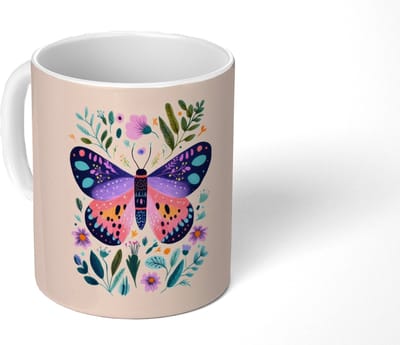 Mok - Koffiemok - Bloemen - Bladeren - Vlinder - Kleurrijk - Mokken - 350 ML - Beker - Koffiemokken - Theemok
