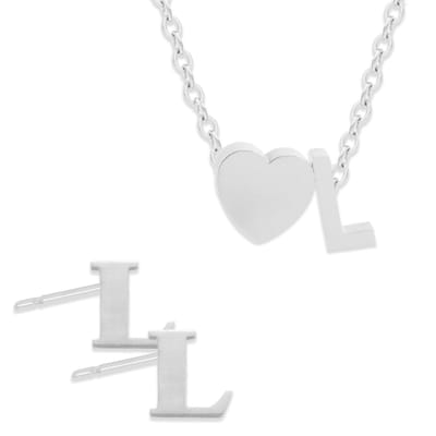 Initiaal Ketting & Oorbellen set met Letter L ZIlverkleurig - Stainless Steel - Met letter & Hartje! - 2x Sieraden Cadeau - Pax Amare