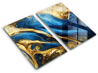 Wallfluent Spatscherm Keuken - Blauw Spatbescherming Kookplaat - Set 2 Stuks 30x52 cm - Blauwgoud Marmer Keuken Achterwand Bescherming - Abstractie Rechthoekig Spatscherm Keuken