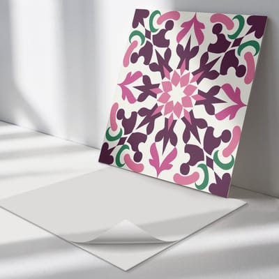 Wallfluent Vinyl Tegels - Symmetrisch Plantenpatroon Zelfklevende PVC Tegels - 30 cm x 30 cm - Roze Vinyl Tegels - Set van 9 - Vierkant PVC Tegels - Patroon Plaktegels - Vinyl Vloer Tegels - Plaktegels Keuken en Badkamer