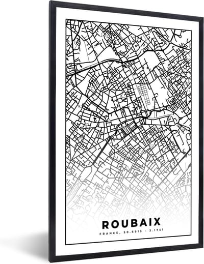 Fotolijst incl. Poster Zwart Wit- Kaart - Roubaix - Stadskaart - Frankrijk - Plattegrond - Zwart wit - 40x60 cm - Posterlijst