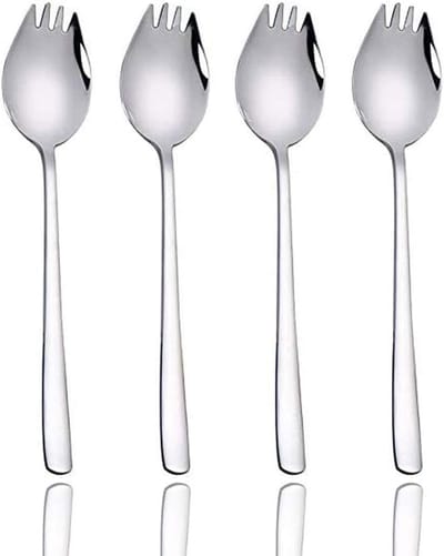 Sporks Set 4 Stuks – Roestvrij Staal 2-in-1 Lepel en Vork – Lange Saladelepels, Soeplepel, Pastalepel – Multifunctioneel Bestek voor Camping, Reizen en Thui