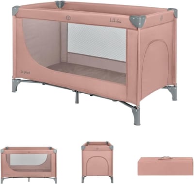 Reisbed - Babyledikant - Veilig Spelen - Zij-ingang met rits - 120x60x75 cm - Grijs Roze