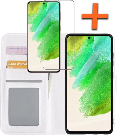 Hoes - Met Screenprotector - Geschikt voor Samsung Galaxy S21 FE - Luxe Pasjeshouder - Bookcase Portemonee - Flip Case - Kunstleer Book Case - Flipcase - Book Cover - Walletcase - PortemonneeHoes - Wit