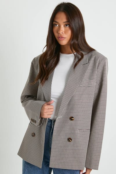 boohoo Dames Tonal Mini Geruit Oversized Getailleerde Blazer | Steen | Maat: 38