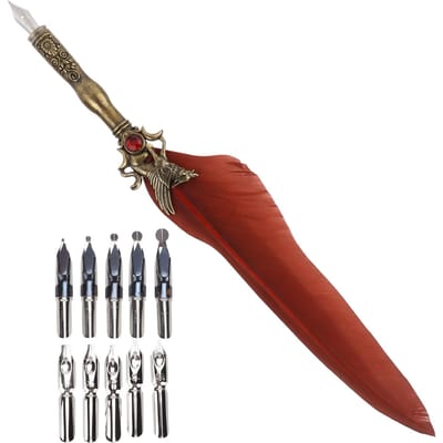 Kipveer Pen Ambacht Retro Gesneden Roestvrij Staal Dip Pen voor Handtekening Cadeau Tafeldecoratie Wit rood
