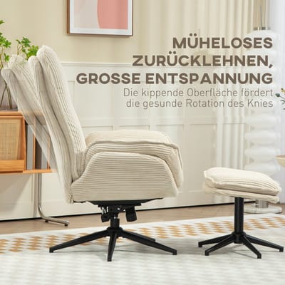Relaxfauteuil Met Hocker 360 Graden Draaibaar Verstelbare Rugleuning Tot 130 Graden Comfortabele Cordlook Voor Woonkamer En Slaapkamer Beige