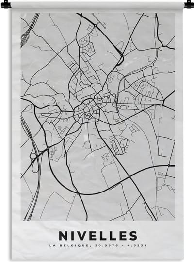 Wandkleed - Wanddoek - Stadskaart – Zwart Wit - Kaart – Nivelles – België – Plattegrond - 120x180 cm - Wandtapijt