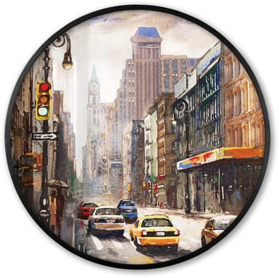 Poster in lijst Rond - Fotolijst 60x60 cm - Posters - Schilderij - Stad - Auto - Olieverf - Ronde posterlijst zwart - Decoratie - Wanddecoratie woonkamer - Muurdecoratie slaapkamer