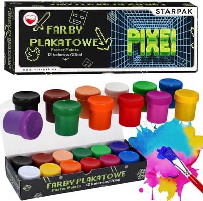 PIXEL Posterverf, posterverf voor op school, 12 kleuren, 20 ml in potjes 3+
