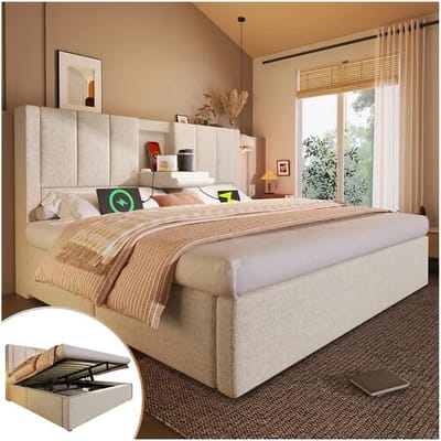 Merax Gestoffeerd tweepersoonsbed met opbergruimte - 180 x 200 cm - met verborgen bekerhouder en oplaadstation - linnen - beige