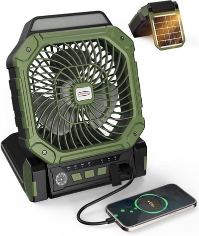 Solar Ventilator Met Oplaadbare Batterij - 4 Standen + 3 LED Zaklamp - Met Afstandsbediening & Timer (2/4/8u) - USB-C/Zonne-energie - Compact Camping Design - Groen