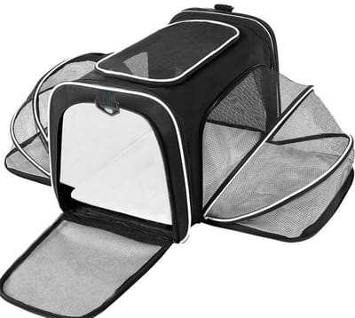 Pets Draagtas Hond - Dierendraagtas Maat M - Uitbreidbare Transporttas - Ademende Opvouwbare Schoudertas - Met Afneembaar Matras - Voor Honden En Katten - Voor Kamperen - Wandelen - Dagelijks Gebruik - Huisdier Transportkooi - Zwart en wit