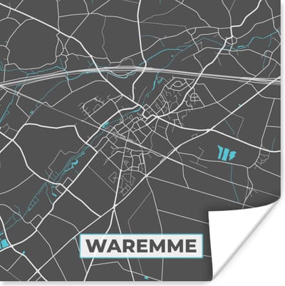 Poster Stadskaart – Grijs - Kaart – Waremme – België – Plattegrond - 100x100 cm XXL
