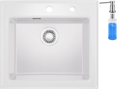 CECIPA Max Spoelbak Wit 55x50 CM - Keramische Spoelbakken Keuken - Enkele Spoelbak Met Zeepdispenser - Spoelbakken Incl. Sifon en Afvoerzeefje