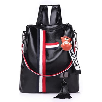 Mode dessin animé sac d'école femme en cuir PU sac de voyage Gril's Stripe pendentif sac à dos noir